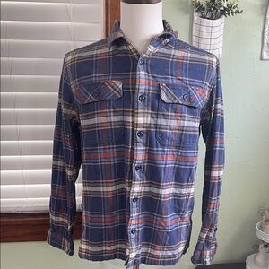 Patagonia Men's Blue and Orange Plaid Shirt